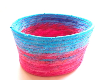 Medium Pink and Blue Bowl // Handmade Coiled Fabric Basket