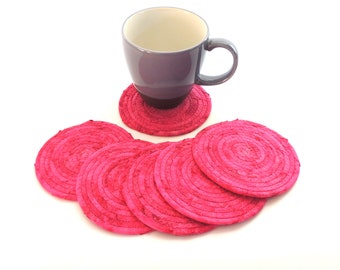 Fuchsia Coasters  / Coiled Fabric Home Decor Set of Six / Absorbent Cotton Pottery