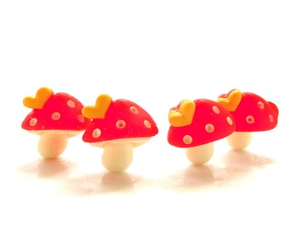 Mushroom with Heart Flat Back Embellishments / Tiny Fungus Craft Decorations - Set of FOUR