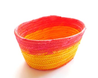 Small Red and Yellow Oval Basket // Handmade Coiled Fabric Bowl