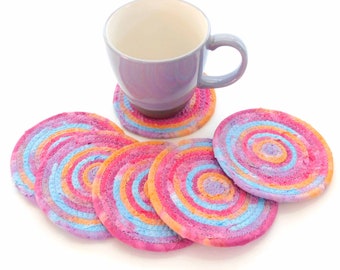 Pink Blue and Purple Coasters  / Coiled Home Decor Set of Six Furniture Protector Home Decor Batik Clothesline Kid Friendly