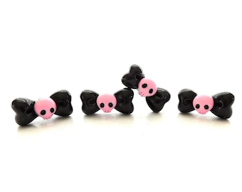 Black and Pink Skull Bow Flat Back Embellishments / Flatback Spooky Cabochons- Set of FOUR