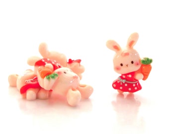 Polka Dot Dress Bunny Flat Back Embellishments / Easter Animal Flat Back Cabochons - Set of FOUR