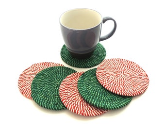 Peppermint and Green Stripe Coasters / Set of SIX / Coiled Fabric Home Decor Candy Cane Clothesline Wrapped Fabric Swirl Mix and Match