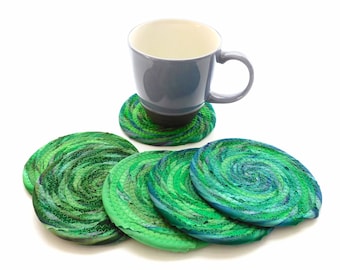 Green and Blue Stripe Coasters  / Set of SIX / Coiled Fabric Home Decor