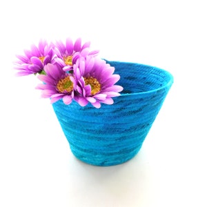 Tall Turquoise Bowl // Fall Color Handmade Coiled Fabric Basket