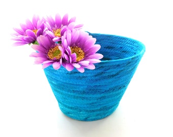 Tall Turquoise Bowl // Fall Color Handmade Coiled Fabric Basket