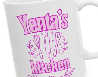 Yenta's Kitchen Ceramic Mug, Jewish Folk Art Design, Funny Hanukkah Gift, 11oz, Anniversary, Birthday Present for Jewish Mom, Sister,