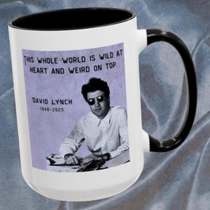 David Lynch Tribute Mug, David Lynch fan art. Twin peaks gift. Black Handle and interior 15oz Coffee Cup