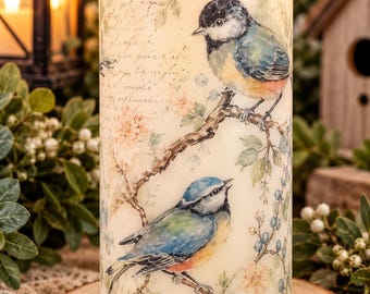 May include: A cylindrical cream-colored pillar candle featuring a printed design of two small birds perched on branches with green leaves, blue berries, and faint cursive script text. The candle has a wavy top edge and a lit flame.