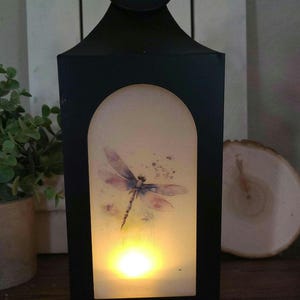 Può includere: Lanterna in metallo nero con un disegno di libellula sul pannello frontale. La libellula è raffigurata in stile acquerello con sfumature di rosa, viola e blu. La lanterna ha un manico e un interno illuminato.
