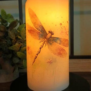 Puede incluir: Una vela de pilar blanca con un diseño de libélula. La libélula es marrón y naranja con un cuerpo azul claro. La vela está encendida y brillando.