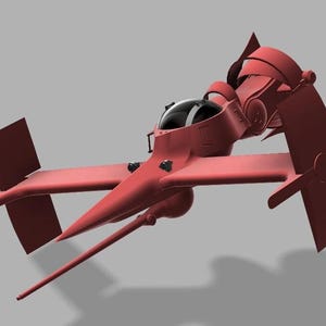 May include: A red, futuristic-looking spaceship with a single cockpit and two large wings. The spaceship has a long, thin tail and a small, round engine.