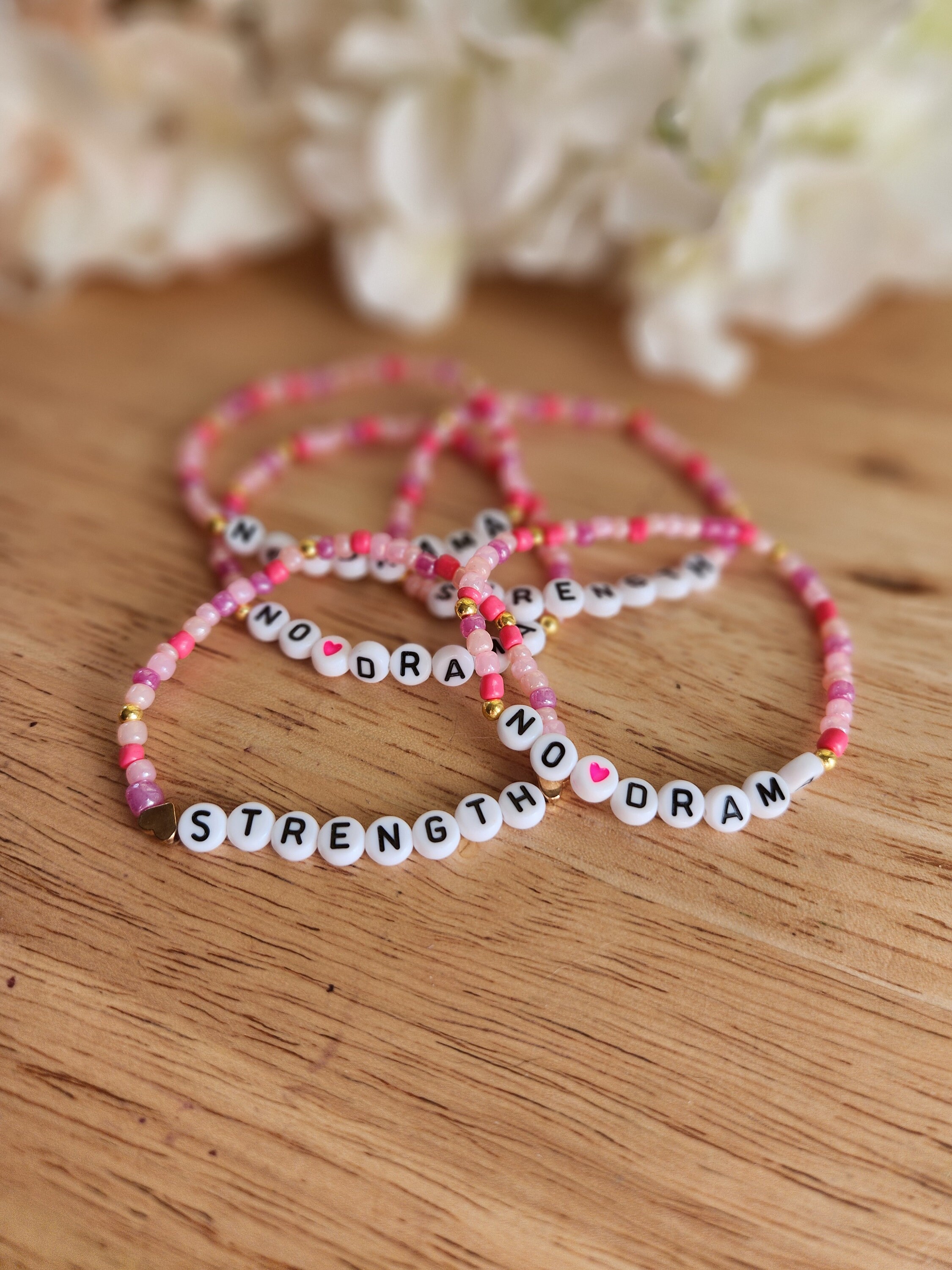 Pink Stretch Bracelets, Custom Beaded WORD BRACELET, Words