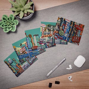 Set di biglietti d'auguri Vintage Vegas Motel - Confezione da 5 con design retrò colorati