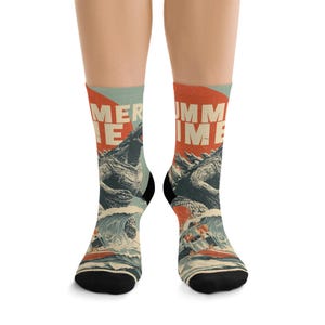 Retro Godzilla Summer Vibes Socks | Fun Recycled Poly Socks for Beach Days, Gift for Summer Lovers, Eco-Friendly Footwear, Vintage Style