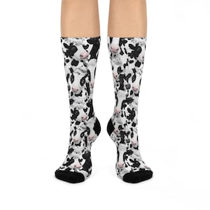 Cute Cow Print Cushioned Crew Socks for Animal Lovers, Cozy Footwear, Fun Gifts, Farmhouse Decor, Everyday Comfort