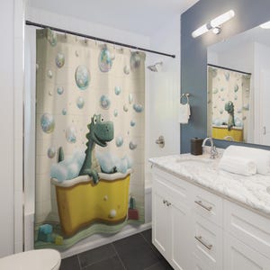 Fun Dinosaur Shower Curtain | Kids Bathroom Decor, Cute Dino Design, Bubble Theme, Nursery Accessories, T-Rex Shower Curtain
