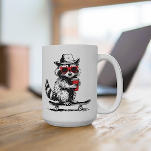 Cool Raccoon Skateboard Mug | Fun Animal Coffee Cup | Perfect for Gift, Home Decor, Raccoon Lovers, Outdoor Enthusiasts