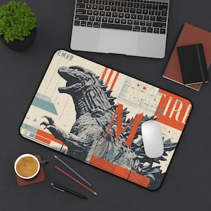 Godzilla Desk Mat, Unique Office Decor, Gaming Desk Accessory, Monster Themed Mat, Retro Style Home Office Gift