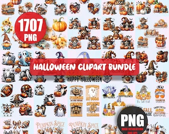 Halloween Clipart PNG Bundle, 1701 Halloween Designs, Ghost Pumpkin Cat Witch Clip Art, Sublimation Graphics Digital Download