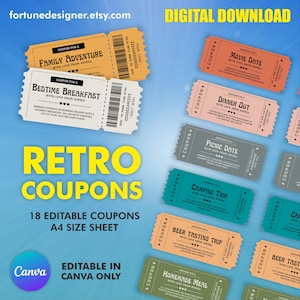 Retro Editable Coupon Template, Printable Birthday Coupons, Coupon Book Template Mother&#39;s Day Coupons, Anniversary Gift, Fathers Day Coupons