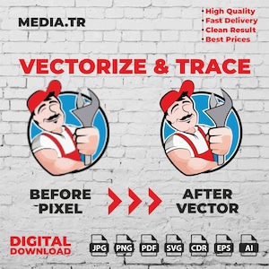 May include: A before and after image showing the difference between a pixelated image and a vector image. The image shows a cartoon of a man with a wrench. The text "VECTORIZE & TRACE" is above the images. The text "BEFORE - PIXEL" is below the pixelated image and the text "AFTER - VECTOR" is below the vector image. The text "DIGITAL DOWNLOAD" is below the images. The image shows the file formats available for download: JPG, PNG, PDF, SVG, CDR, EPS, AI.