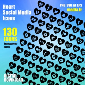 Heart Social Media Transparent Icons PNG, SVG, Ai, EPS Bundle | 130 + icon Logos | Facebook | Instagram | Pinterest | YouTube | Twitter |