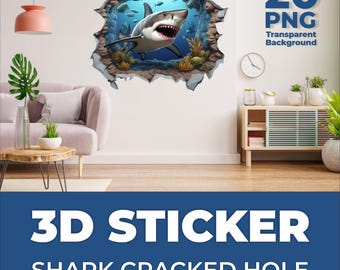 3D Shark Hole Wall Decal: 20 Transparent PNG Files (Digital Download