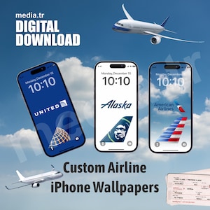 Könnte beinhalten: Digitaler Download mit benutzerdefinierten iPhone-Hintergründen für Fluggesellschaften. Das Bild zeigt drei Smartphones mit Logos von Fluggesellschaften: United, Alaska und American Airlines. Flugzeuge und eine Bordkarte sind ebenfalls vor blauem Himmel zu sehen.