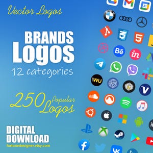 Pode incluir: Gráfico digital com 250 logotipos de marcas populares em 12 categorias. A imagem tem um fundo gradiente azul com o texto "Vector Logos", "Brands Logos" e "Digital Download". A loja Etsy também é exibida.