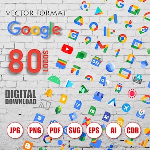 May include: A white brick wall with a collection of 80 Google logos in various colors and designs. The logos are arranged in a cascading pattern, with the largest logos at the top and the smallest logos at the bottom. The text "Google" is displayed in large, bold letters at the top of the image. The text "80 Logos" is displayed in large, red letters below the Google logo. The text "Digital Download" is displayed in black letters below the number 80. The text "JPG PNG PDF SVG EPS AI CDR" is displayed in red letters at the bottom of the image.