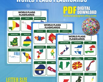 World Flags Geography Flashcards: 196 Countries (digital Download