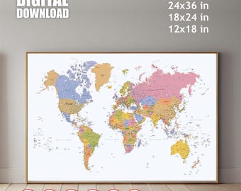 Boho World Map Poster: Detailed Countries & Cities (Digital Download)