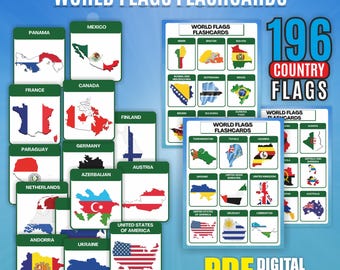 World Flags Geography Flashcards: 196 Countries (Digital Download)