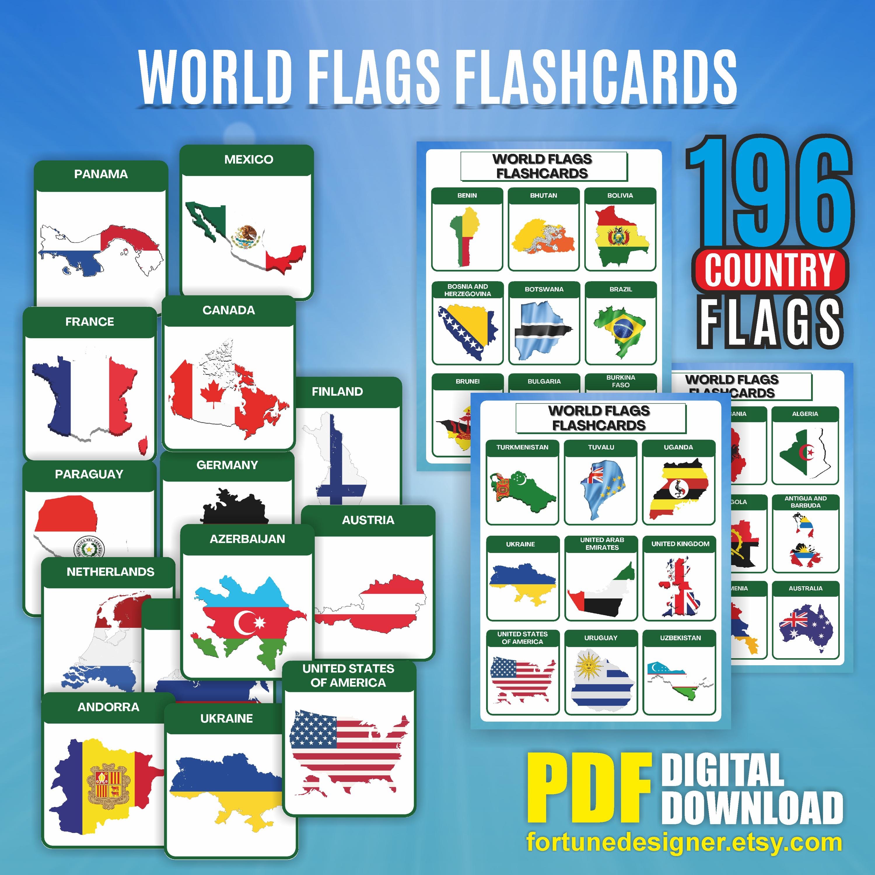 World Flags Geography Flashcards: 196 Countries (digital Download