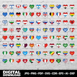 Può includere: Uno sfondo di muro di mattoni bianchi con 100 bandiere a forma di cuore di diversi paesi. Ogni bandiera è di un colore e un design diverso. Le bandiere sono disposte in 10 file di 10 bandiere ciascuna.