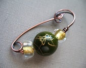 Scarf Pin, Green and Gold Copper Shawl Pin, Sweater Pin, Hat Pin, Scarf Pin, Closure, Brooch for Your Knits and Weaves