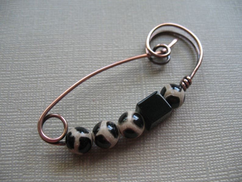 Closure for Your Knits Black and Tan Copper Scarf Pin Crochets and Weaves Shawl Pin Sweater Pin Hat Pin