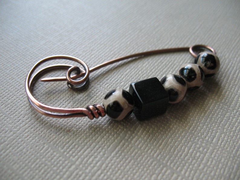 Closure for Your Knits Black and Tan Copper Scarf Pin Crochets and Weaves Shawl Pin Sweater Pin Hat Pin