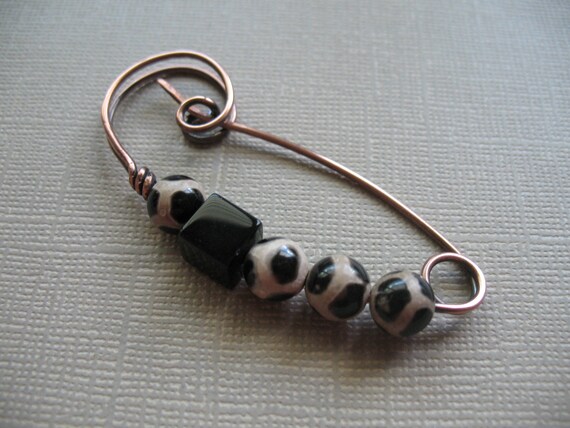 Closure for Your Knits Black and Tan Copper Scarf Pin Crochets and Weaves Shawl Pin Sweater Pin Hat Pin