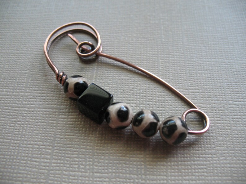 Closure for Your Knits Black and Tan Copper Scarf Pin Crochets and Weaves Shawl Pin Sweater Pin Hat Pin