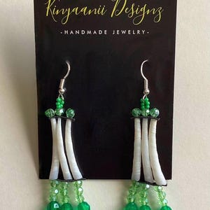 Native beaded Dentalium earrings: (Light green)
