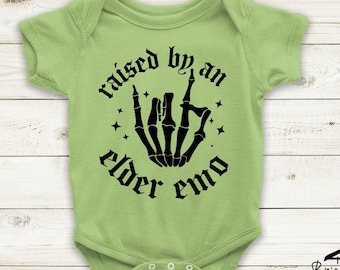 Raised by an Elder Emo Baby Bodysuit: Funny Alt Infant Outfit