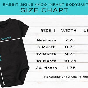 May include: Black infant bodysuit with a size chart. The chart shows measurements in inches for sizes Newborn to 24 months. The text reads "Rabbit Skins 4400 Infant Bodysuit" and "Briggs Design Apparel" is in the upper left corner.