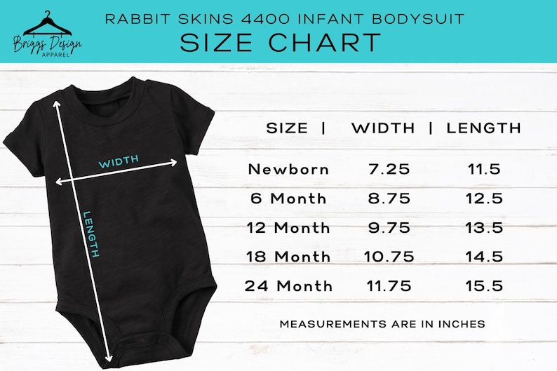 May include: Black infant bodysuit with a size chart. The chart shows measurements in inches for sizes Newborn to 24 months. The text reads "Rabbit Skins 4400 Infant Bodysuit" and "Briggs Design Apparel" is in the upper left corner.