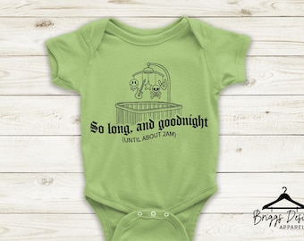 May include: A light green baby bodysuit with a black graphic of a crib and mobile with skulls, a guitar, and a star. The text reads "So long, and goodnight (until about 2AM)". The Briggs Design Apparel logo is at the bottom.