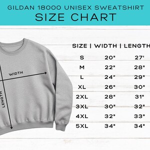 May include: A light gray Gildan 18000 unisex sweatshirt with a size chart. The chart shows measurements for width, length, and sleeve in inches for sizes S through 5XL. The Briggs Design Apparel logo is in the upper left corner.