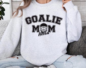 Personalized Goalie Mom Crewneck Sweatshirt, custom Gift for Hockey goalie Moms, Personalized goalie hockey mom sweater, ice hockey goalie