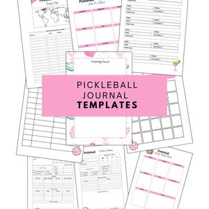 May include: A selection of white paper templates for a pickleball journal, featuring pink accents and text. The templates include sections for tracking training, contacts, and a year-at-a-glance calendar. The text "Pickleball Journal Templates" is displayed in pink.